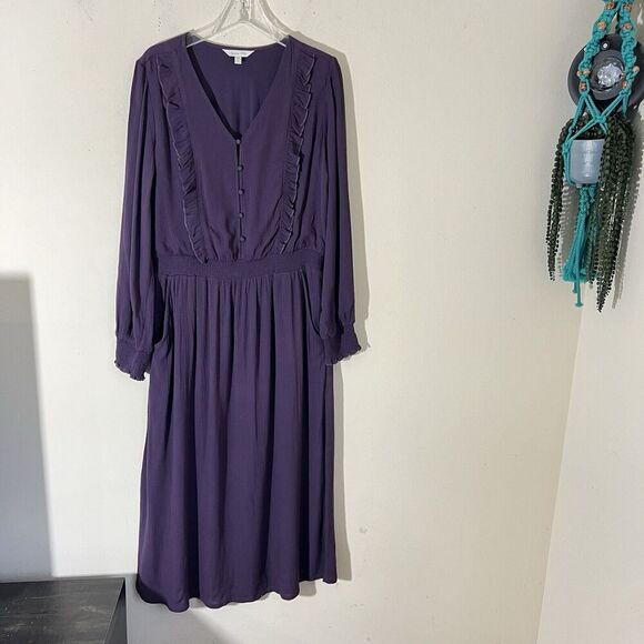 Garnet Hill Ruffle Crêpe Dress Maxi Plum Purple Longsleeve Pocket Peasant M New - Picture 8 of 12